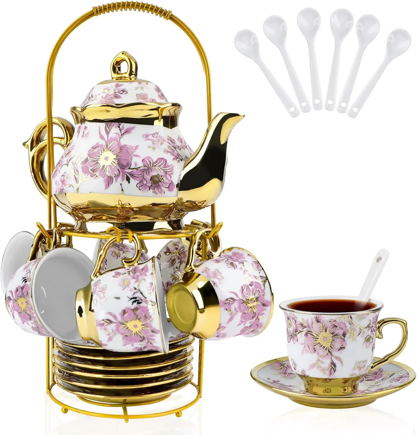 20 Pcs Microwave-Safe Porcelain Dinnerware & Kitchenware Set with Metal Holder, European Ceramic 6-Adult Cups & Saucer Hot Drink Service, Mother’s Day Gift Pack for Women