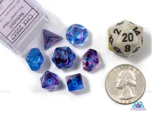 Mini Nebula Nocturnal & Blue | Purple, Swirls, Glow in the dark, 10mm Acrylic Dice Set (7) | Chessex