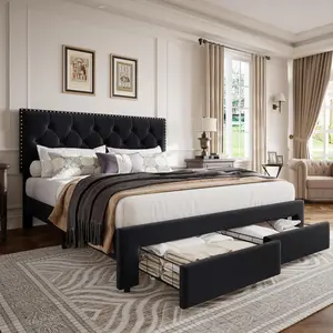 YJ-Garvee Modern Retro-Chic style, Rhinestone-embellished Black Velvet, Queen Size Bed Frame with storage drawers, Sturdy, Upholstered Drawer Bed Frame.