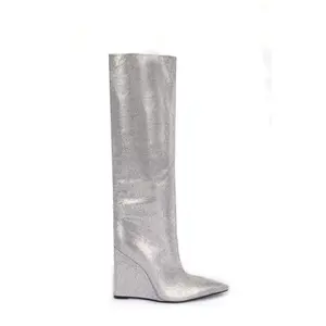 High Stakes Boot-Silver - Knee High, Stacked Wedge Heel, 4.5" Inches, Rhinestone Accents, Comfortable Footwear for Women - Active, Walking Shoes, Girl,
