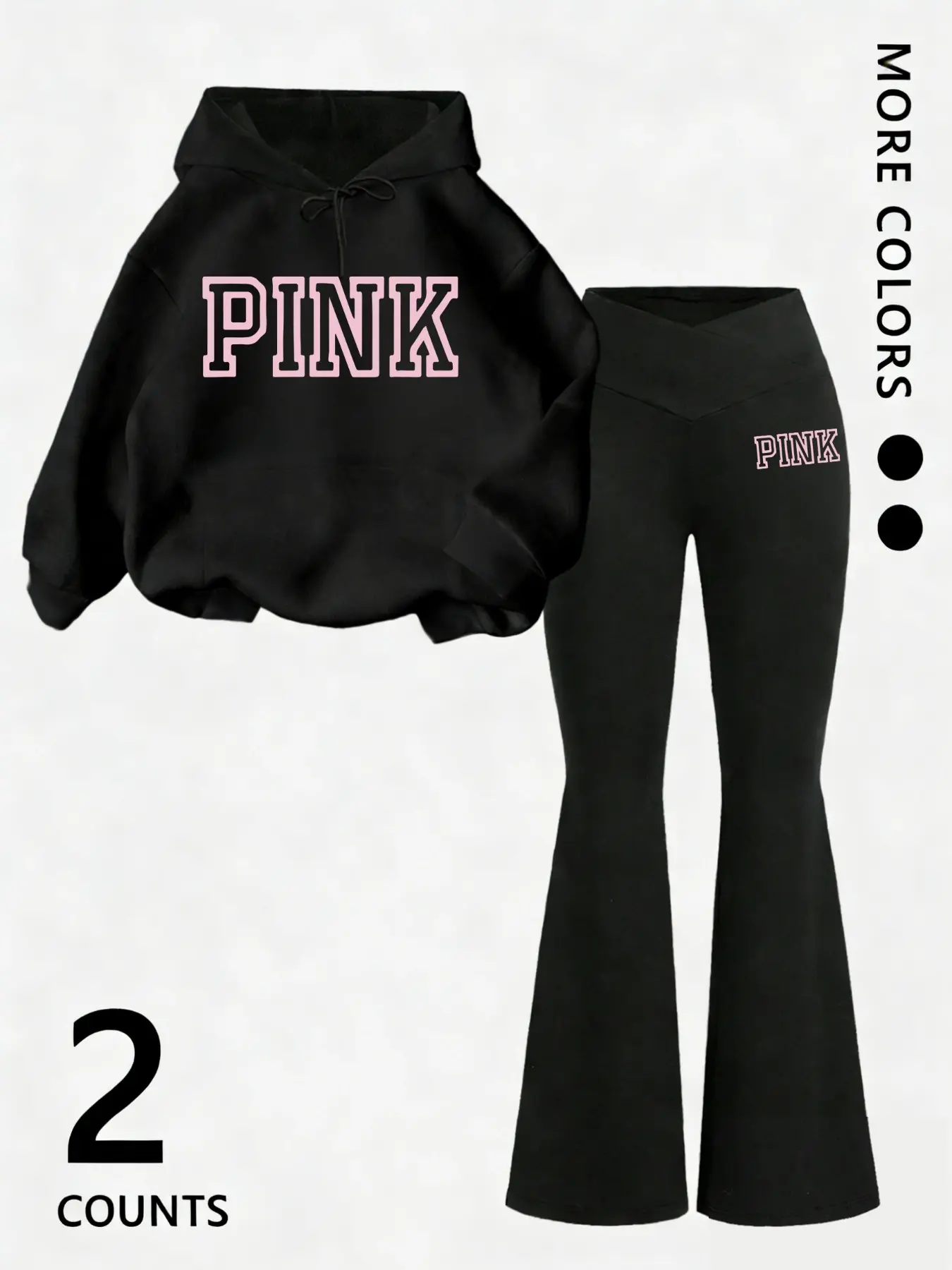 Women's pink cartoon print hooded sweatshirt and flared pants set, Letter Print Sweatsuit, casual sportswear, Casual sporty design, long-sleeved hooded jacket and trousers, suitable for autumn and winter, everyday wear, indoor and outdoor sportswear