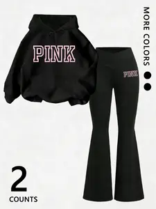 Women's pink cartoon print hooded sweatshirt and flared pants set, casual sportswear, long-sleeved hooded jacket and trousers, suitable for autumn and winter, everyday wear, indoor and outdoor sportswear, casual sportswear. Spring and summer outfits.