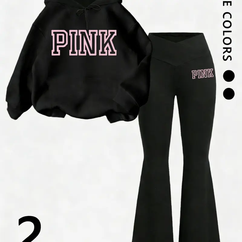 Women's Two-Piece Set, Letter Print Drop Shoulder Top and Bell Pants, Casual Slim-Fit Outfit Set, Two Pieces Outfits