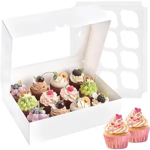 12 Count Cupcake Boxes, 2 Pack White Cupcake Containers with Windows and Inserts, Disposable Cupcake Carriers for Muffins, Treats, Pastries, 13 x 10 x 4 Inches