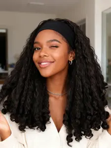 Afro Curly Headband Wig Synthetic Braided Hair Texture with Unique Bouncy Curls in the End 22 Inch Soft Curly Headband Wigs for Black Women Dark Brown Kinky 4C Hair Pre Styled Wig