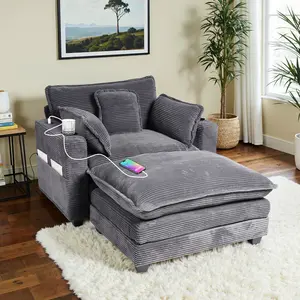 99-inch Living Room Sofa Modular Sofa Set, Multi-functional Living Room Sofa; Corduroy Sofa with Footstool and Decorative Pillows; Cloud-shaped Modular Sofa Set with Cup Holders, USB Ports, and Side Storage Pockets; Sofa Furniture