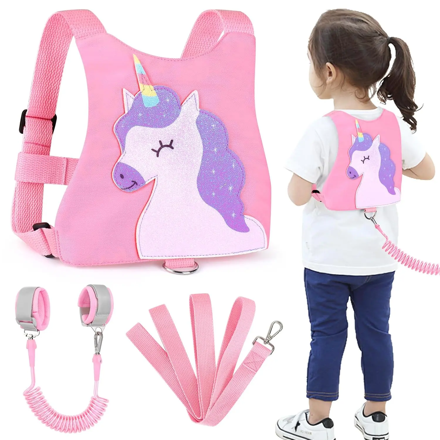 Toddler Harness Leash with Anti Lost Wrist Link, Cute Unicorn Baby Walking Leashes, Children Safety Walking Strap, Kids Anti Lost Leash Belt Wristband Assistant for Girls to Outdoor Travel