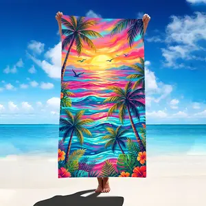 1pc of Tropical Sunset Beach Towel Featuring a Vibrant Paradise Design with Palm Trees And Ocean Waves, Perfect for Summer Pool And Beach Use, Travel Essentials