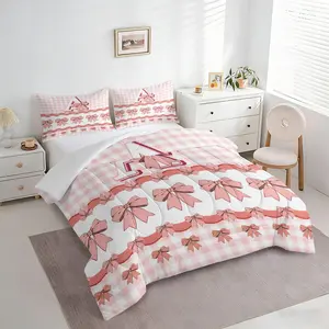 2/3pcs Trendy Coquette Pink Bow & Gingham Pattern Bedding Comforter Set, Cute Preppy Style Quilt Bedding Set with Pillowcases,Soft All-Season Comforter Set for Girls Teens Bedroom Dorm Nursery, Aesthetic Girly Room Decor Home Bedding Essentials