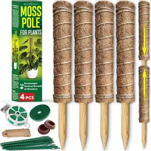 Premium Moss Pole for Plants 4-Pack - 48 Inch Sturdy Plant Support Stakes - 16.5" Extendable Poles for Monstera & Climbing Plants - 100% Natural Garden Sticks - Complete Kit w/Ties, Velcro & Rope