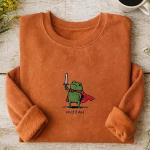 Huzzah Frog Sweatshirt, Embroidered Gildan 18000, Funny DnD Pullover, Renaissance Faire Frog Crewneck, Medieval Fantasy Gamer Gift