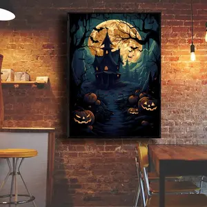 Haunted House Halloween Poster, Full Moon Gothic Print, Spooky Pumpkin Wall Art, Creepy Haunted Mansion Decor, Halloween Wall Decoration, Room Decor, Unframed – 5 Size, 8x12 to 27x40 inch