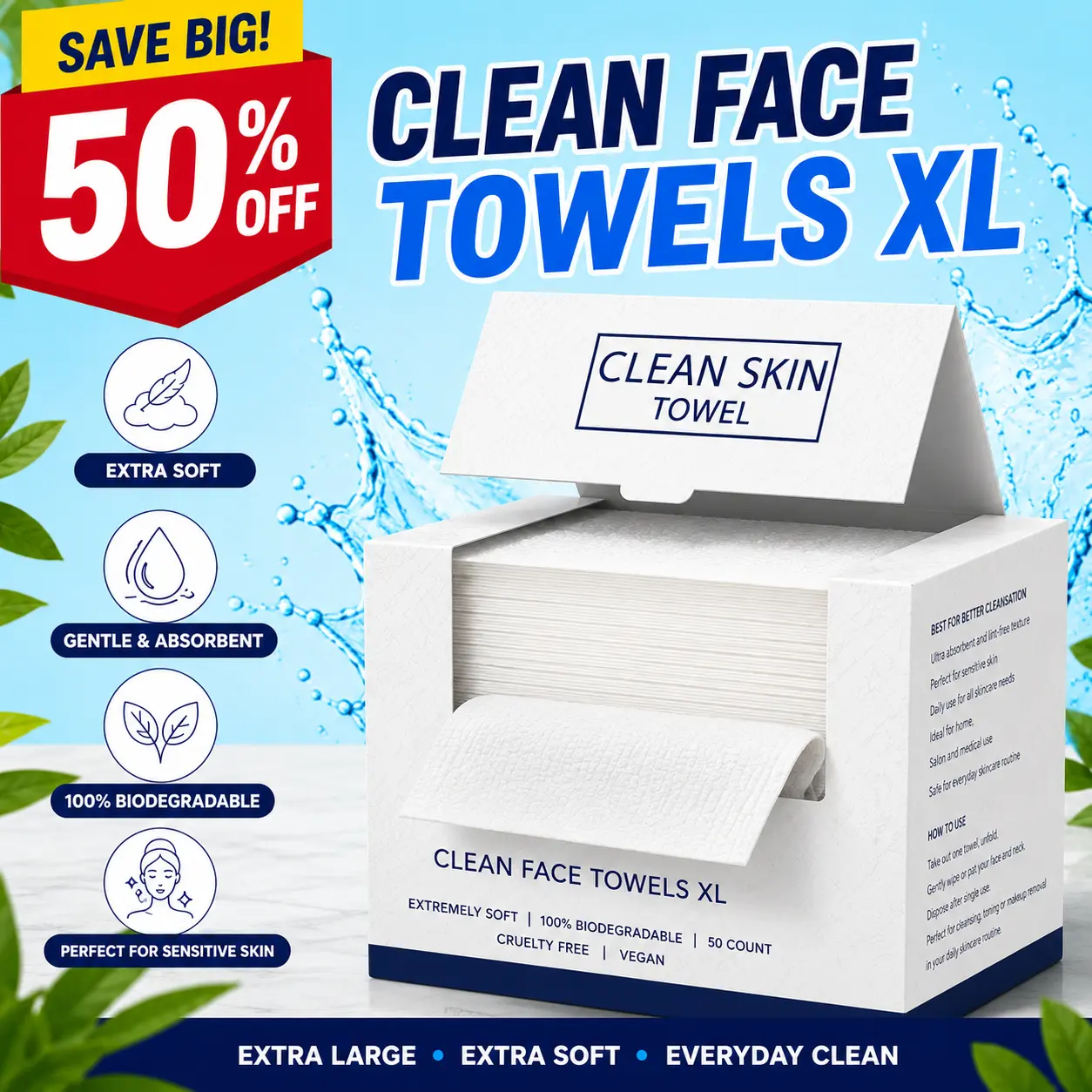 50-Count Extra Large Eco-Friendly Disposable Facial Towels Pack, Ultra-Soft Thick Biodegradable Biobased Cleaning Tissues, Hypoallergenic Boxed Cleansing Napkins for Sensitive Skin, Home & Travel Use