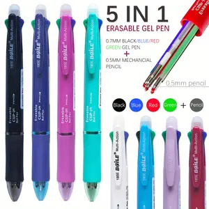 2pcs/Set 5-in-1 Multi-color Erasable Gel Pen Set To Eliminate Errors, 4-color Ball Pen Replaceable Refill 0.5mm Automatic Pencil Lead Eraser Office Stationery