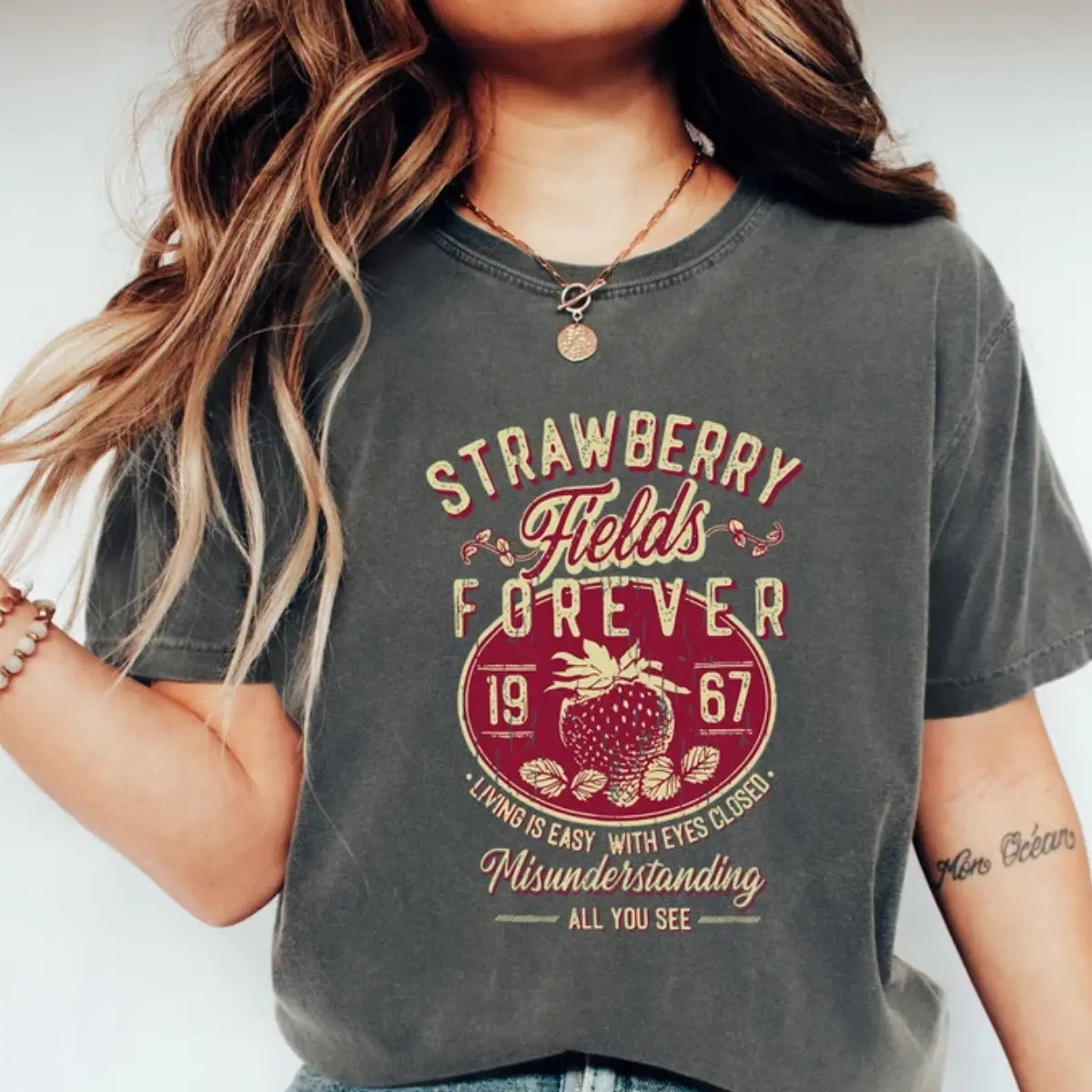 Old School Band Tees, Retro Graphic Tee, Beatle Strawberry Fields Rock Band Tee, Oversized Trendy Shirts
