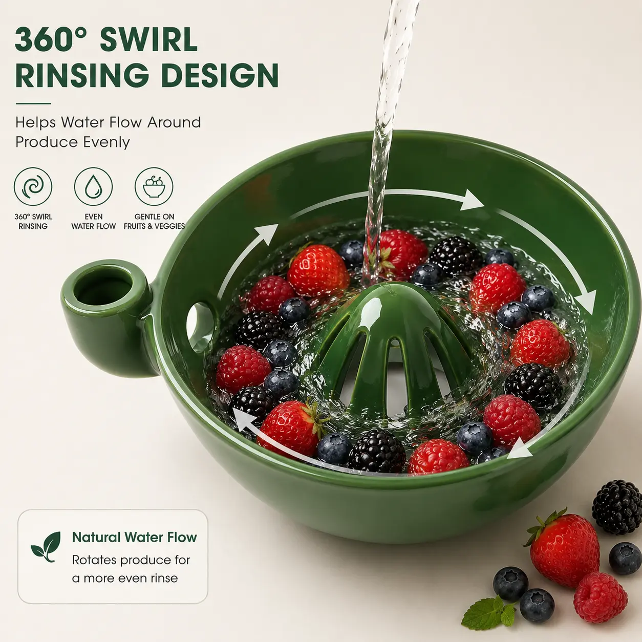 Berry Washer Bowl - 360° Swirl Rinsing Colander Bowl with Drain Outlet, Self Spinning Fruit Vegetable Strainer for Kitchen Counter, Berry Grape Cherry Tomato Washing, Fresh Food Prep Tool Gift