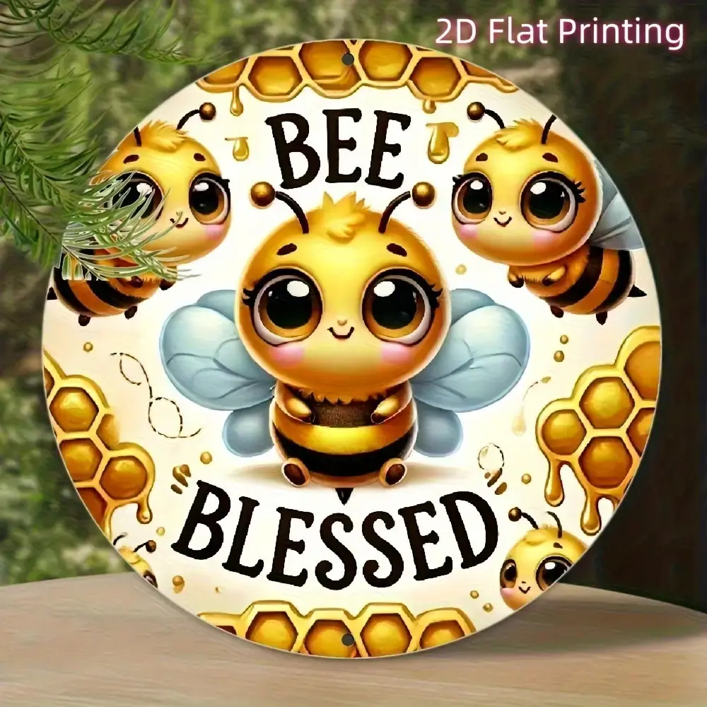 2D Flat, 8-Inch Round Aluminum Honeybee Blessing Wall Art - Bohemian Style Silver Foil Engraved Metal Sign, Inspirational Home Decor for Living Room, Cafe, Apartment, Restaurant - Perfect Holiday Gift, Bee Decor, Perfect for Room Decor