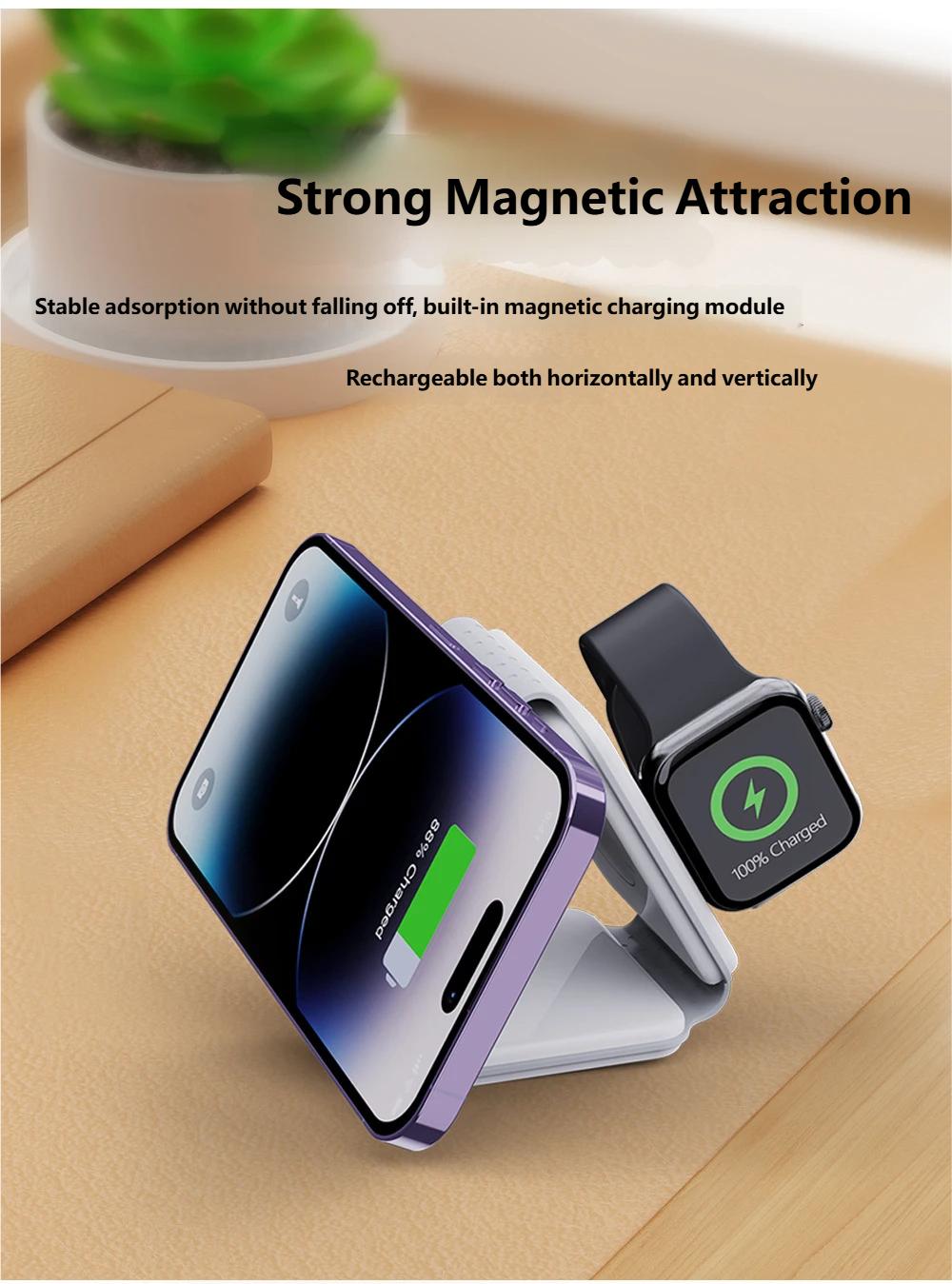 Charging Station for Apple Multiple Devices - 3 in 1 Foldable Magnetic Wireless Charger Dock - Travel Charging Pad for iPhone 16 15 14 13 12 Pro Max Plus Watch & Airpods