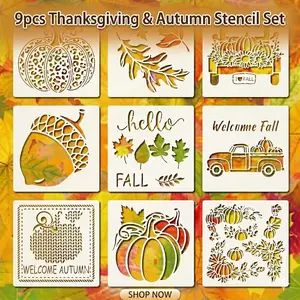 9 Piece Thanksgiving Fall Maple Leaf Pumpkin DIY Decoration Board Stencils, Reusable Hollow Plastic Templates, Craft Supplies
