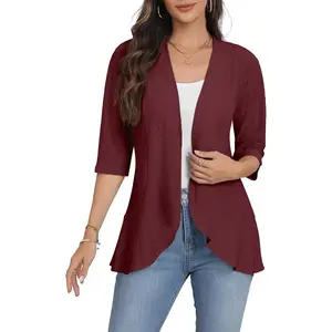 Women Cardigan 3/4 Sleeves Open Front Lightweight Soft Netted Knit Draped Ruffles Cardigan Kimono Cover Ups