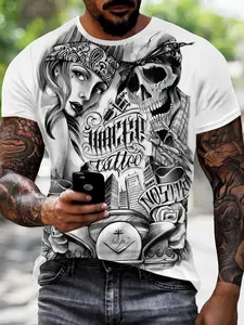 Chicano Tattoo Skull Girl Print T-Shirt, American Vintage Street Short Sleeve, Fashion Comfort Design, Perfect Daily Wear, Ideal Gift Choice