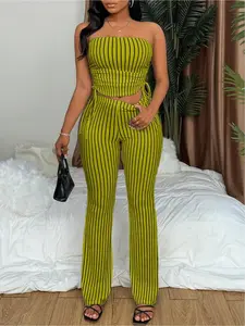 Two-Piece Set Women's Striped Print Fitted Sleeveless Crop Tube Top & Wide Leg Pants Set, Casual Fashion Cozy Two-piece for Daily Outdoor Wear, Ladies Clothes for Summer, casual outfits women, summer clothing set, Suits, Womenswear