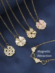 Gold Clover Pendant Necklace, Elegant & Playful Style Jewelry with Magnetic & Colorful Zircon Clover Charm Detail (Can Combine into Clover Pattern), for Women, Daily & Party Occasions, Heart Design Necklace, Flower Pendant, Charms Necklace