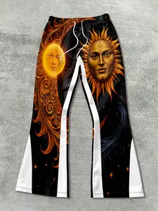 Men's Sun & Moon Face Pattern Celestial Style Flare Pants, Vintage Casual Sporty Streetwear, Geometric Print Fitted Long Pants