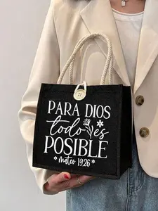 Christian Theme Handbag with Letter and Floral Patterns, Lightweight Large Capacity Linen Minimalist Tote Bag, Unisex Work Reusable Simple Style