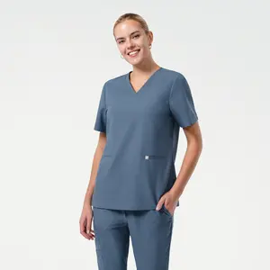 Zenir | Women's Double Pocket Scrub Top - Smoky Blue