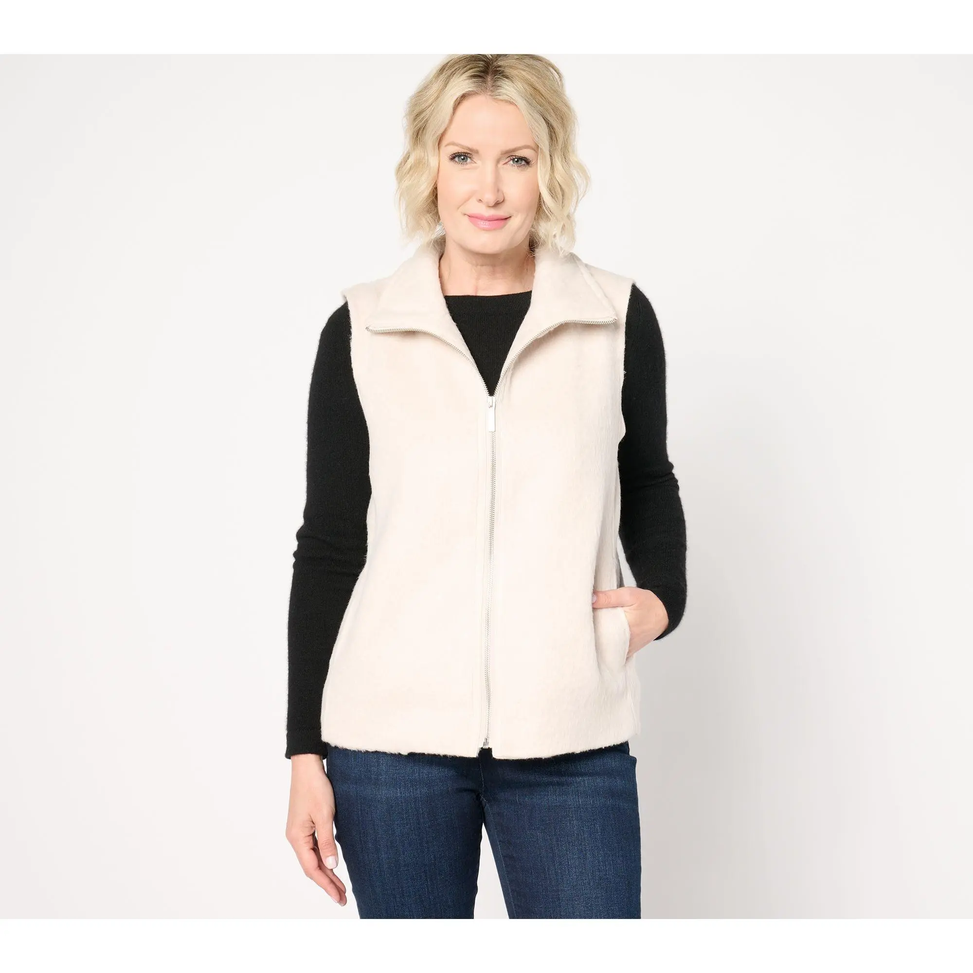 Dennis Basso Long-Hair Melton Faux-Fur Vest