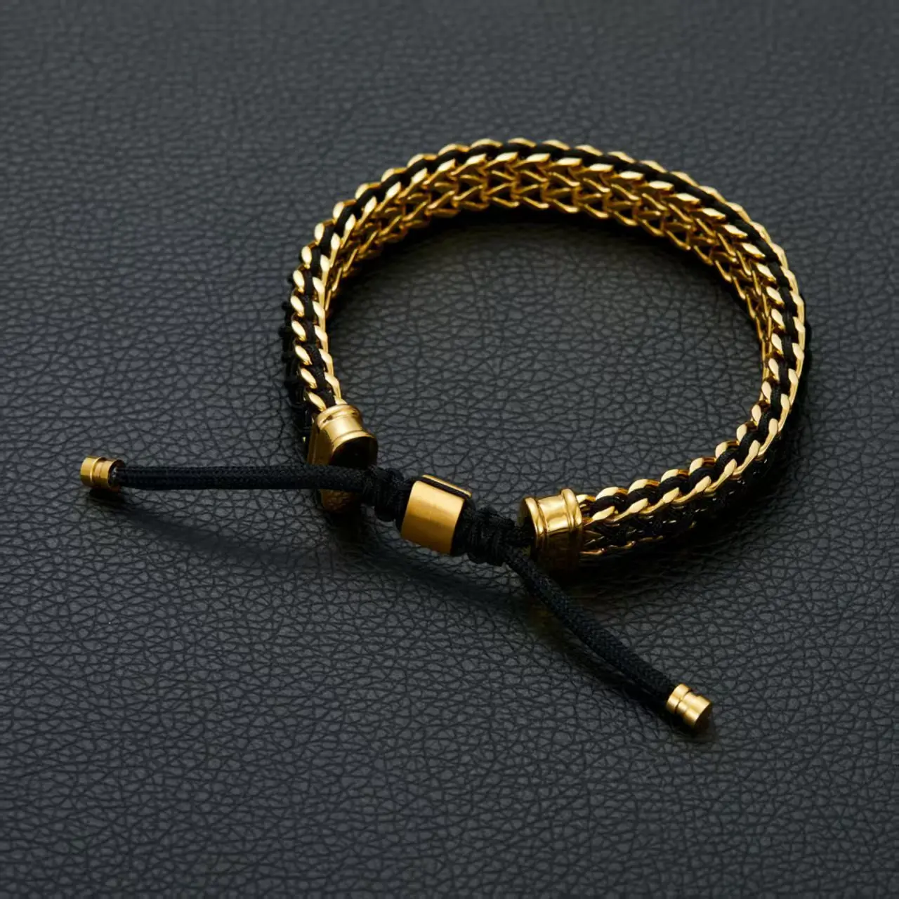 Premium Braided Cord Wristband, Adjustable Pull-On Sliding Knot, 2-Tone Gold-Black & Silver-Black, Unisex All-Seasons Fashion Bracelet, 8.5 In