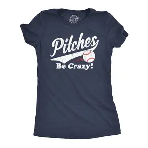 Womens Pitches Be Crazy T Shirt Funny Saying Baseball Graphic Novelty Tee for Guys Funny Womens T Shirts Cute Vintage Fashion Casual Ladies T-Shirt Gift Sarcastic Tops for Women Funny Baseball Top Women's Navy