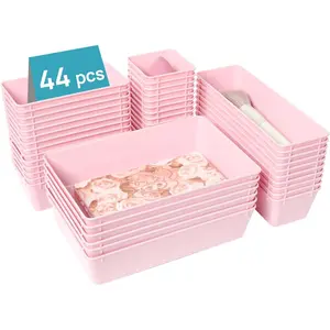 44 PCS Plastic Drawer Organizers Set, 4-Size Versatile Bathroom and Vanity Organizer Trays, Non-Slip Storage Containers for Makeup, Jewelries, Bedroom,Kitchen Utensils and Office, Pink