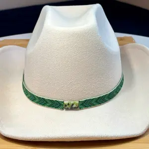 Loomed Seed Bead Green Arrows Pattern Hatband with a Serpentine Bead Center