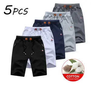 100%Cotton 3/5pcs high-quality men’s summer casual Bermuda shorts, adjustable elastic waistband with drawstring; striped pockets; leather patch decoration; breathable and comfortable; suitable for everyday outdoor wear; versatile plain menswear.
