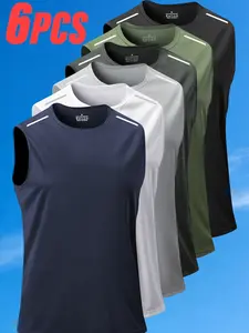 Set of 6 men’s solid-color athletic T-shirts with reflective stripes, breathable quick-dry short sleeves and crew necks, moisture-wicking, suitable for fitness, sports, and running