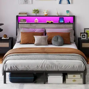 [Bellemave]Full /Queen/King Size Bed Frame with Headboard, RGB LED Light & Charging Station - Rustic Grey
