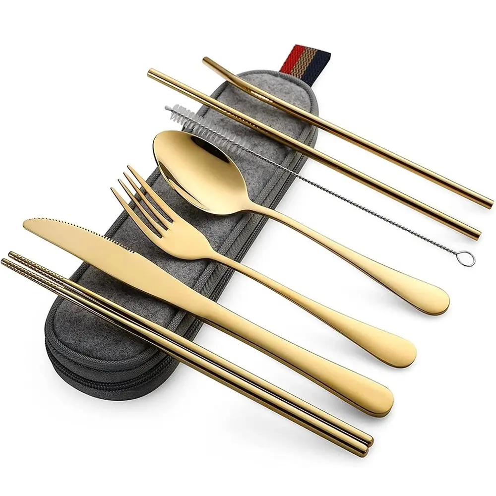 8-Piece Stainless Steel Compact Reusable Cutlery Set, Portable Hiking Gear for Camping, Camp Kitchen Use, Travel Set, Rustproof, Unisex, Outdoor Meals, Travel Gear, Simple Look