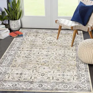 【GARVEE】Washable Rug 5x7 Area Rugs for Living Room Bedroom,Non-Slip Print Vintage Distressed Throw Rugs with Rubber Back, Stain Resistant Low Pile Carpet for Kitchen Dining Room Foyer, Light Tan