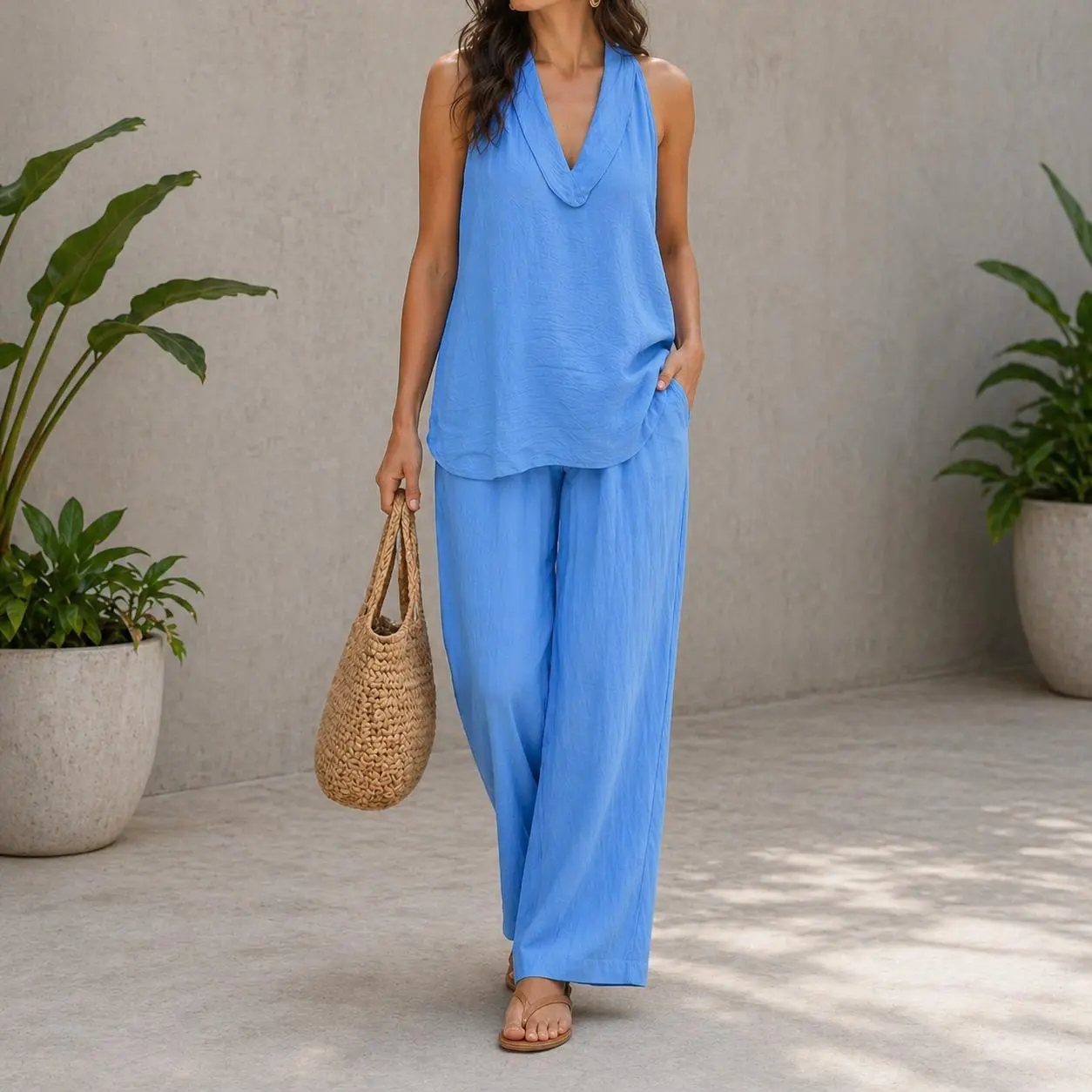 Boho Two Piece Set - Perfect for Beach, Vacation & Brunch! Sleeveless Top Wide Leg Pants Set #TwoPieceSet #WideLegPants #Sleeveless #SummerOutfit #BohoFashion #OOTD #WomensFashion #CasualSet
