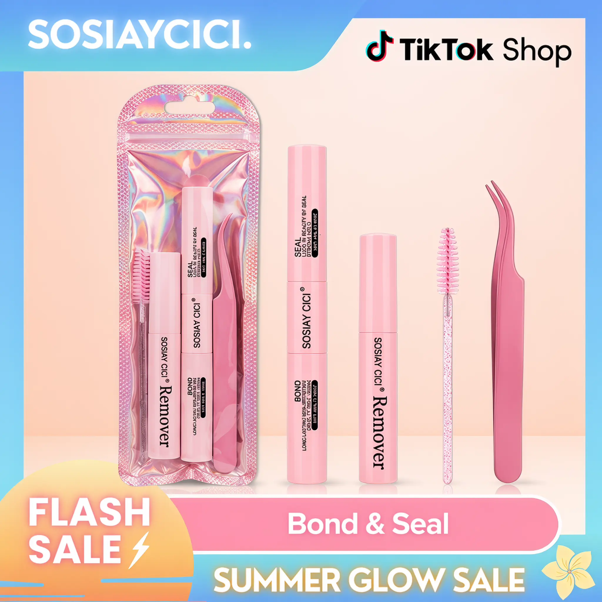 SOSIAYCICI Bond & Seal Black Long Lasting, Waterproof, Tear-proof Eyelash Glue Kit with Gentle Remover Tweezers Brush