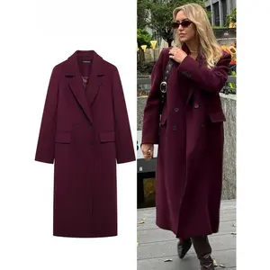 WomenFashionBurgundyWoolenCoatDoubleBreastedLongSleeveLapelBlendsJacketAutumnWinterHighStreetOuterwear Womenswear Tops