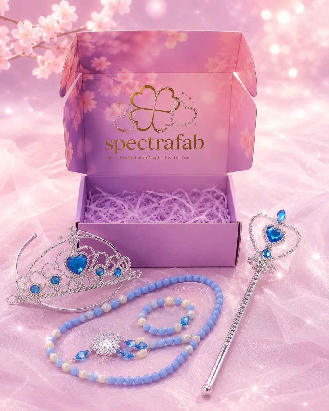 Spectrafab Royal Blue Kids' Princess Dress-Up Jewelry Gift Box - Sparkly Tiara, Magic Wand, Beaded Necklace, Bracelet Accessories Toy Set for Pretend Play, Party Costumes