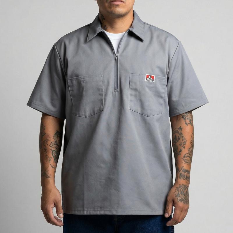 BEN DAVIS 1/2 Zip Shirt Short Sleeve Solid Half-Zip Shirt BENDAVIS Poly/Cotton Blend Plenty Tough Fabric Double Needle Stitch Pencil Slot on Left Pocket