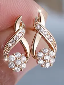 Cute Female Small White Round Stone Snowflake Stud Earrings Gold Color, Cubic Zirconia Gemstone Wedding Jewelry For Women, Cubic Zirconia Stones