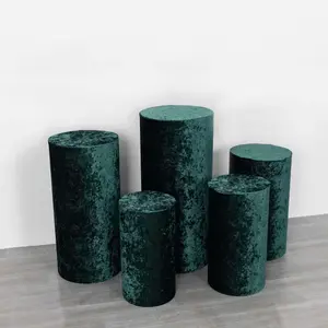 5-Piece Hunter Emerald Green Crushed Velvet Cylinder Pedestal Stand Covers, Premium Pillar Prop Covers for Home Festive Party Decorations