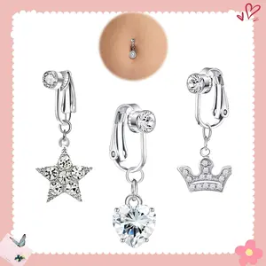 3Pcs/Set Fake Belly Ring Clip on Belly Button Rings Fake Belly Surgical Steel Fake Belly Button Ring for Women CZ Butterfly Heart Belly Piercing Fake Navel Ring Non Piercing Jewelry