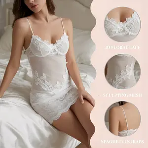 SILIX Lace Trim Mesh Chemise Lingerie Set - Sexy 3D Floral Embroidery Nightgown with Adjustable Spaghetti Straps & Sculpting Effect Mini Slip Dress Sexy Feminine Lingerie Set Underwear