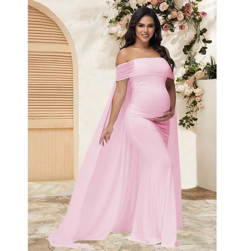 Maternity Elegant Off Shoulder Maxi Dress With Chiffon Cloak for Baby  Shower Photoshoot Pregnancy Bodycon Gown - TikTok Shop